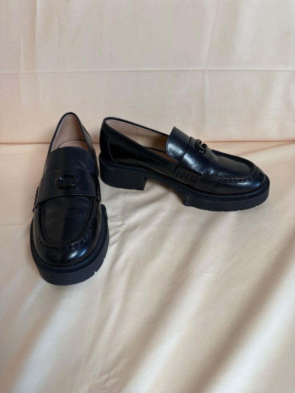 Coach Leah Platform Loafer Black Leather Chunky Lug Sole Size 7.5 CB990 C Logo